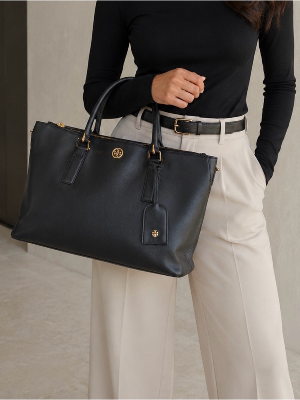 Tory Burch black saffiano leather tote bag large satchel gold hardware